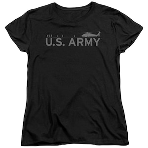 May include: Black t-shirt with a gray silhouette of a helicopter and the text "U.S. ARMY" in gray.