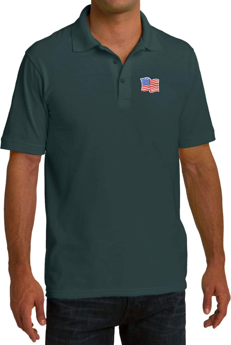 Amerikansk flagga pikétröja USA-flagga Patriotisk golfpiké - viftande flagga Dark Green