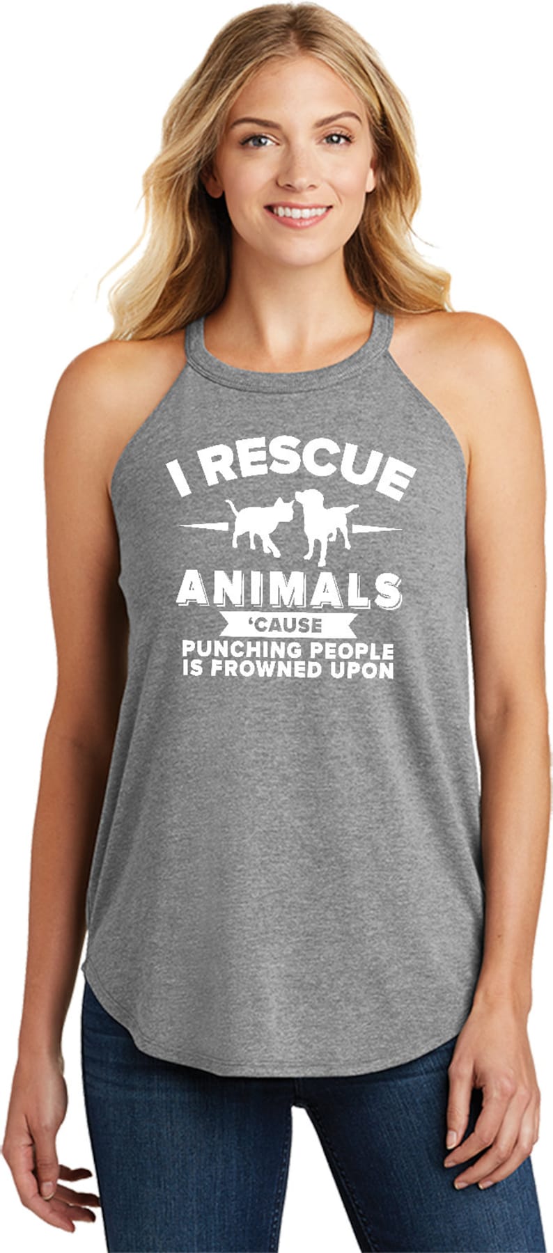 Ladies I Rescue Animals Cause Punching People is Frowned Upon Tri Blend Rocker Tank Top RESCUE-DT137L