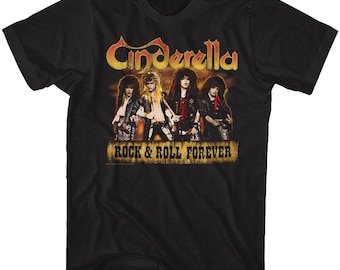 May include: Black t-shirt with a graphic of the band Cinderella. The band members are pictured in front of a yellow and orange background. The text "Rock & Roll Forever" is printed below the band members.