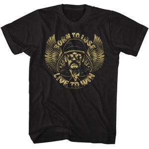 May include: Black t-shirt with a gold graphic of a man wearing sunglasses and a motorcycle helmet. The graphic includes the text "Born to Lose Live to Win".