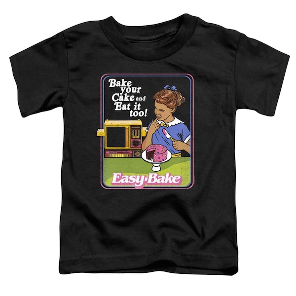 Easy Bake Oven Black Shirt – Officially Licensed “Bake Your Cake and Eat It Too!” Retro Girl Tasting Icing Kid's Tee