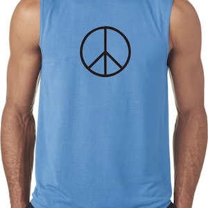 May include: A sleeveless blue athletic shirt with a black peace sign graphic.
