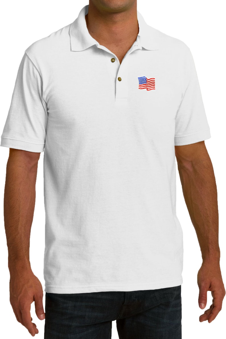 Amerikansk flagga pikétröja USA-flagga Patriotisk golfpiké - viftande flagga Vit