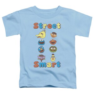 May include: Light blue t-shirt with a Sesame Street theme. The shirt features the text "Street Smart" in colorful letters and images of Sesame Street characters including Big Bird, Elmo, Cookie Monster, and Oscar the Grouch.