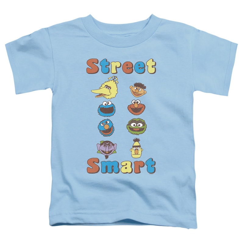 May include: Light blue t-shirt with a Sesame Street theme. The shirt features the text "Street Smart" in colorful letters and images of Sesame Street characters including Big Bird, Elmo, Cookie Monster, and Oscar the Grouch.