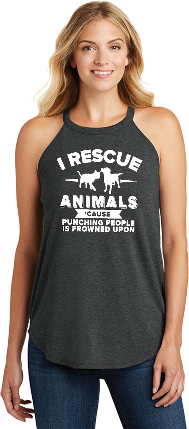 Ladies I Rescue Animals Cause Punching People is Frowned Upon Tri Blend Rocker Tank Top RESCUE-DT137L