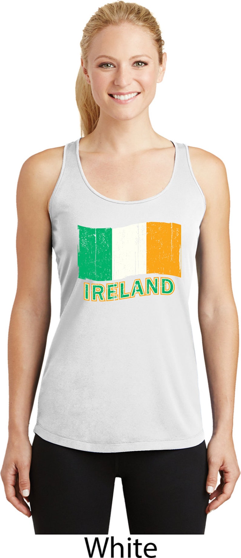 May include: White tank top with a distressed Irish flag graphic and the word "IRELAND" printed below.