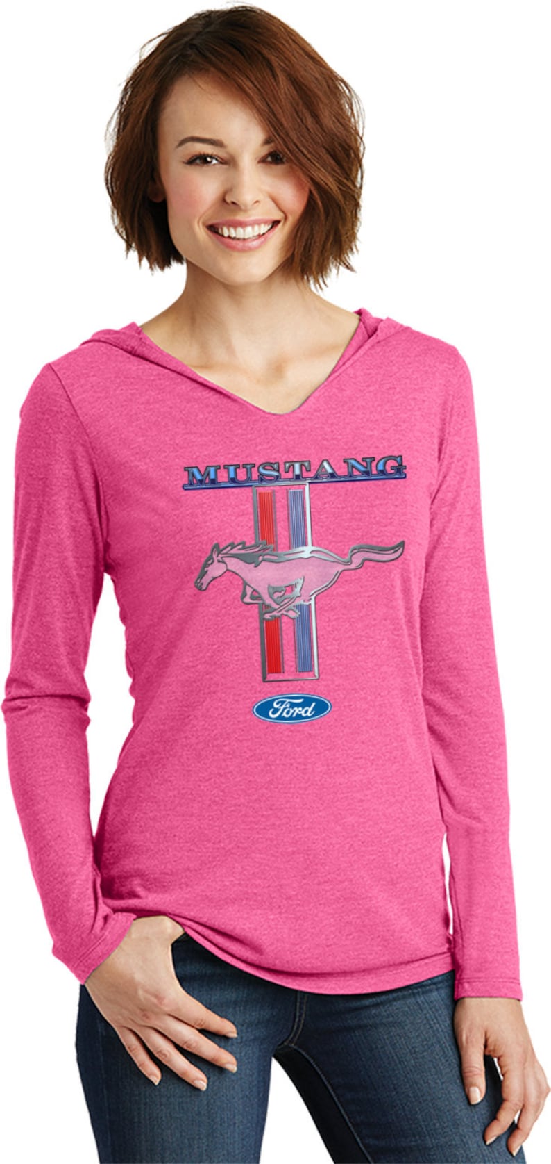 Ford Mustang Stripe Ladies Tri Blend Long Sleeve Hoodie Shirt 13732D1-DM139L