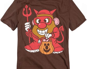 Hasbro Mr. Potato Head Devil Shirt Brown Tee Funny Halloween Graphic T-Shirt Officially Licensed Retro Costume Style