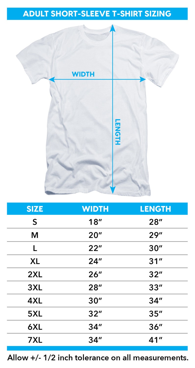 May include: White adult short-sleeve t-shirt with sizing information. The image includes a chart detailing width and length measurements in inches for sizes S through 7XL. The text at the top reads "ADULT SHORT-SLEEVE T-SHIRT SIZING."