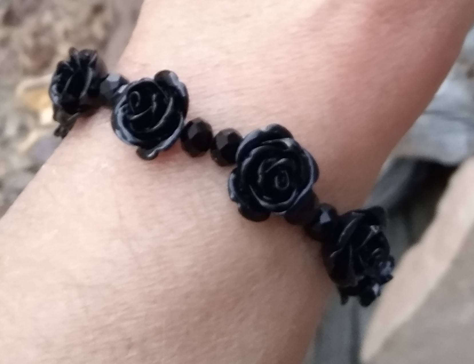 Black Statement Flower Bracelet on Metallic Gold Band, Bold Cuff