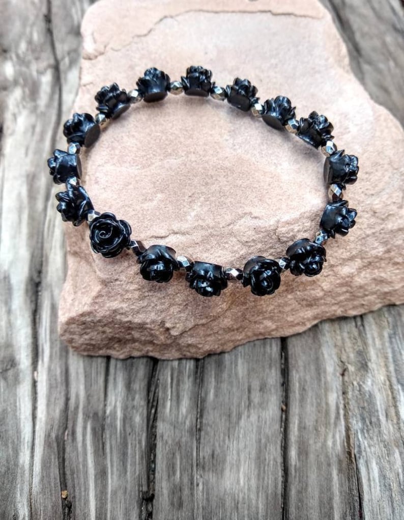 Black Rose Bracelet 8mm Goth Rose Bracelet Rocker Chic