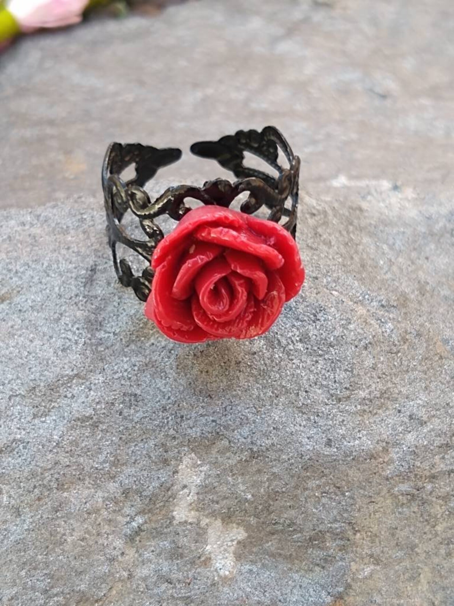 Rose Ring. Black and Red Rose Ring Adjustable Ring Etsy