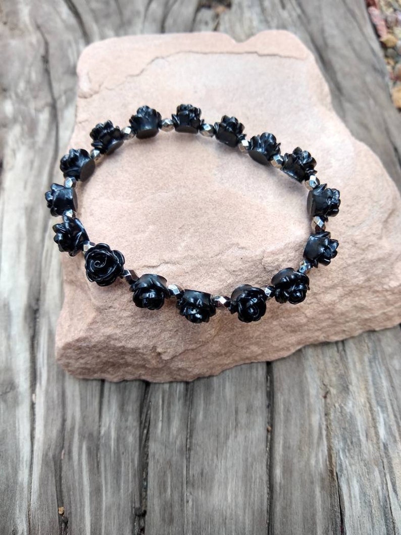 Black Rose Bracelet 8mm Goth Rose Bracelet Rocker Chic