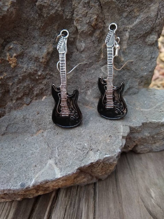 Black Guitar Earrings. Rocker Chic. 80s Retro Jewelry. Guitar