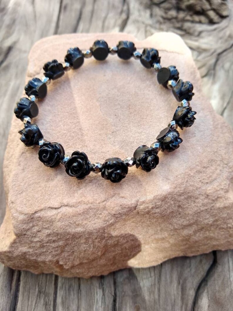 Black Rose Bracelet 8mm Goth Rose Bracelet Rocker Chic