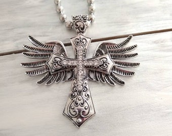 Wing and Cross Pendant Necklace. Cross Necklace. Rhinestone Angel Wings and Cross Necklace.