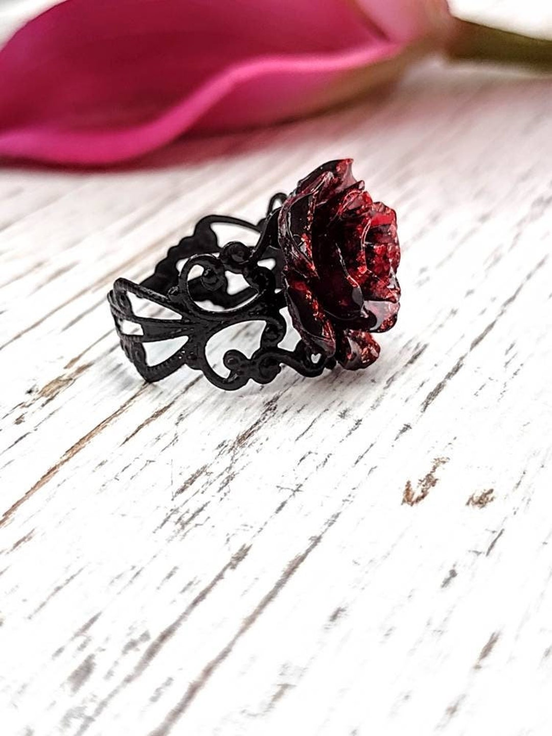 Rose Ring. Red and Black Rose Ring. Etsy