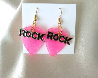 Pink Guitar Pick Earrings. 80s Rocker.