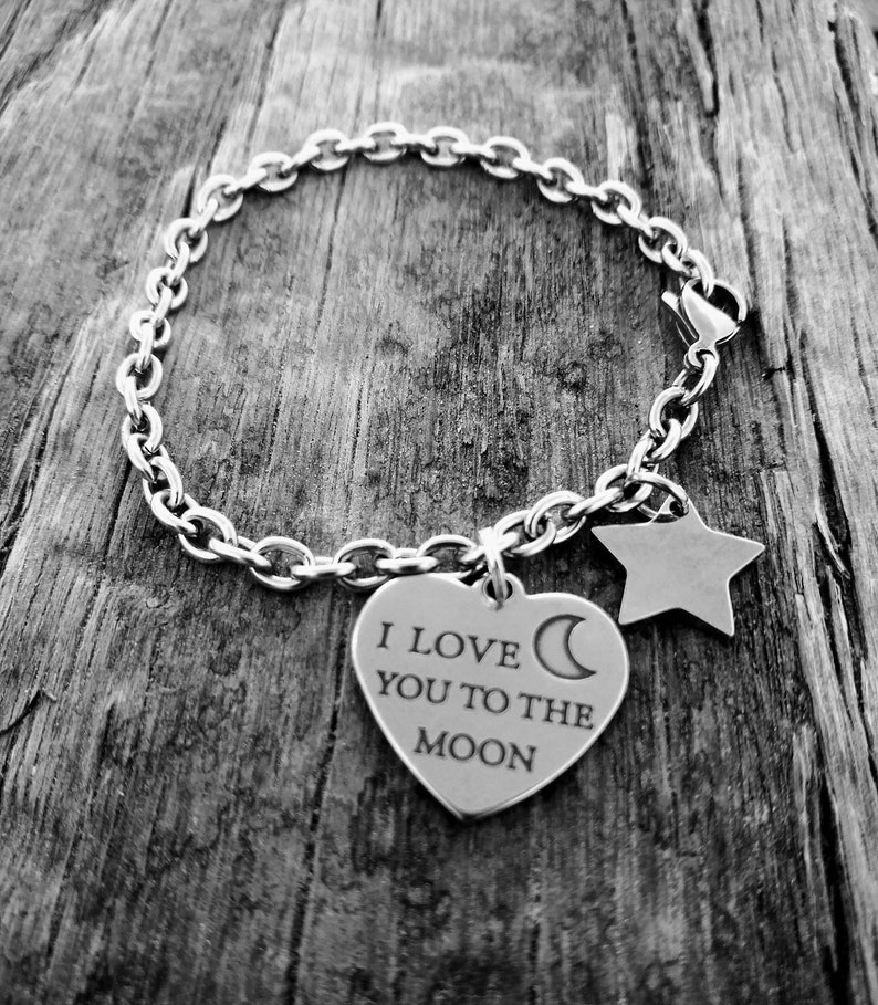 Heart Charm Love Bracelet. I Love You To The Moon. Moon and Star