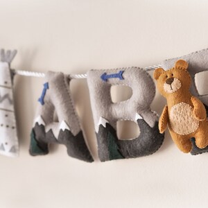 Decoración de la guardería de la aventura del oso, estandarte del nombre del fieltro, regalo personalizado, carta de fieltro del bebé, habitación del niño, guirnalda del nombre del bebé, baby shower, CUSTOM HECHO