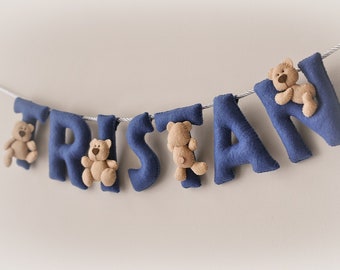 Baby wall art, felt name banner, teddy nursery decor, personalized gift, name sign, baby name garland, baby shower decor, baby boy gift