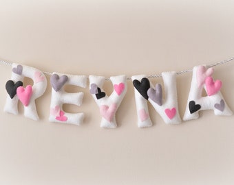 Nursery name sign, Hearts nursery decor, felt name banner, baby wall art, kids room decor, baby shower gift, baby girl gift, nursery garland