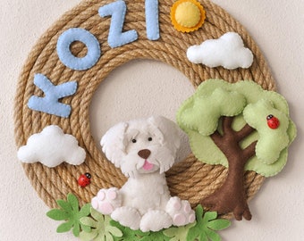 Maltese Dog nursery decor, baby name wreath