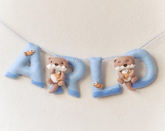 Otters nursery decor, custom baby name, baby shower gift, baby name reveal