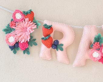 Felt Baby Name Banner, Strawberries & Blueberries Nursery Decor