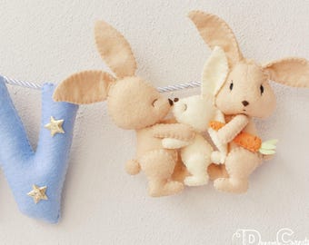 Rabbit Family Nursery decor, custom baby name, felt name banner