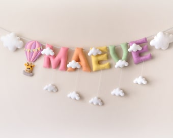 Nursery decor, Hot air Balloon decor, baby name sign, felt name banner, baby wall art, custom made name, baby shower gift, clouds baby decor