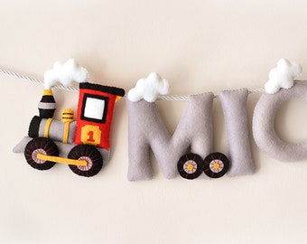 Felt Train nursery decor, Custom baby name banner