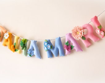Baby name sign, Garden nursery decor, baby room, felt name banner, personalized gift, baby name garland, custom name, baby shower gift