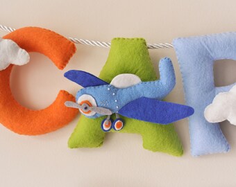 Felt Name Banner, Airplane & Car Nursery Decor, Personalized Baby Gift