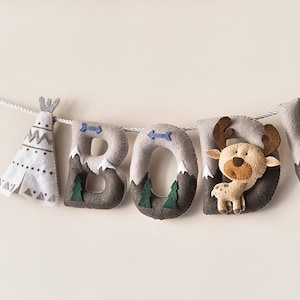 Banner con nombre de fieltro, decoración de guardería de aventuras, regalo personalizado, letra de fieltro para bebé, habitación infantil, guirnalda con nombre de bebé, nombre de fieltro personalizado, HECHO A MEDIDA