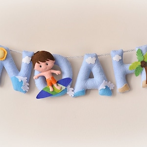 Decoración de guardería, pancarta con nombre de surf, pancarta con nombre de fieltro, letrero con nombre de guardería, regalo personalizado, letras de fieltro, regalo de baby shower, guirnalda con nombre