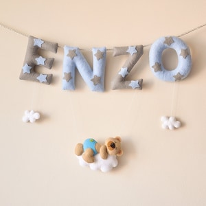 Banner de nombre de fieltro, Teddy Cloud, decoración de guardería personalizada, regalo personalizado, letras de fieltro de bebé, guirnalda de nombre de bebé de la habitación del niño, nombre de fieltro personalizado