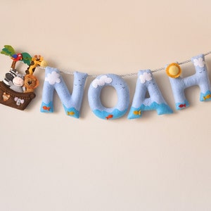 Banner de nombre de fieltro, Arca de Noé, decoración de guardería, habitación de bebé, regalo personalizado, letra de fieltro para bebé, habitación infantil, guirnalda con nombre de bebé, nombre de fieltro personalizado