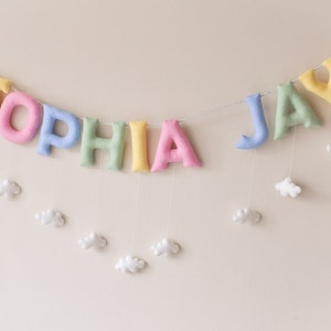 Banner de nombre de fieltro, decoración colorida para guardería, con nubes, regalo personalizado, letra de fieltro para bebé, habitación infantil, guirnalda con nombre de bebé, nombre de fieltro personalizado
