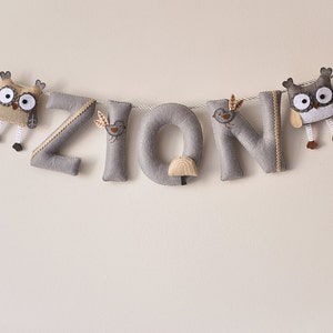 Banner de nombre de fieltro, guirnalda de búho gris, decoración de guardería, regalo personalizado, regalo de bebé con letras de fieltro, guirnalda con nombre de bebé para habitación de niño, nombre de fieltro personalizado