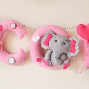 Bandera de nombre, elefante vivero decoración del fieltro, regalo personalizado para bebés fieltro letras, habitación niño, bebé nombre garland, custom fieltro nombre hecho a pedido