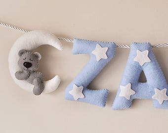 Felt Name Banner: Teddy Bear Moon & Stars, Nursery Decor