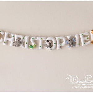 Filz Namensbanner, Safari Tiere, Kinderzimmer Dekoration, Babyparty, Baby Namensschild, Namensbanner, Baby Namensgirlande, Name nach Wunsch, Namensgirlande