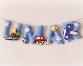 Felt name banner, Transportation nursery decor, nursery banner, personalized gift, felt letters, baby gift, name garland, baby shower decor