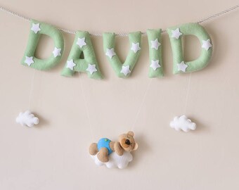 Felt Name Banner: Mint Teddy Bear Cloud, Custom Nursery Decor