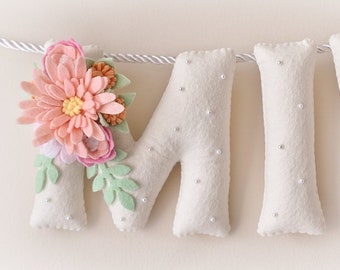 Baby name sign, felt name banner, Pastel flowers, nursery decor, baby felt letters, baby name garland, baby shower gift, baby room decor