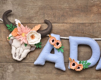 Floral Cow Skull Felt Name Banner: Custom Nursery Decor