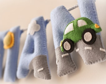 Felt Name Banner, Cars Nursery Decor, Personalized Baby Gift